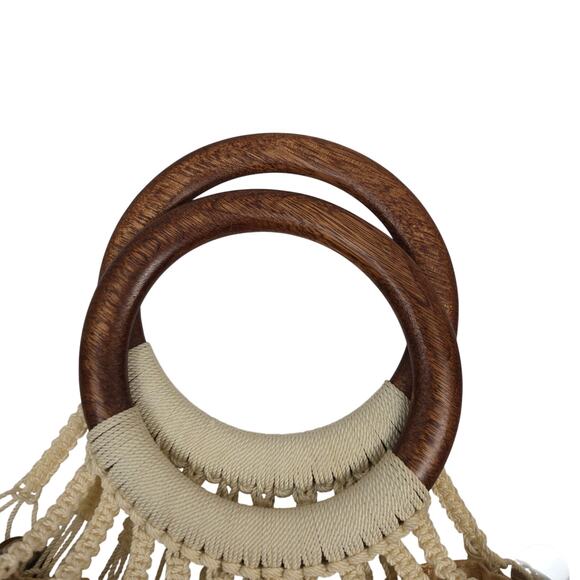 Cream & Gold Macrame & Wood Hoop Top Handle Tote/Purse - Picture 8 of 13